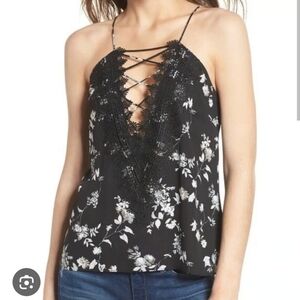 WAYF black floral lace deep v lace up strapy blouse fit is large imo flowy tank